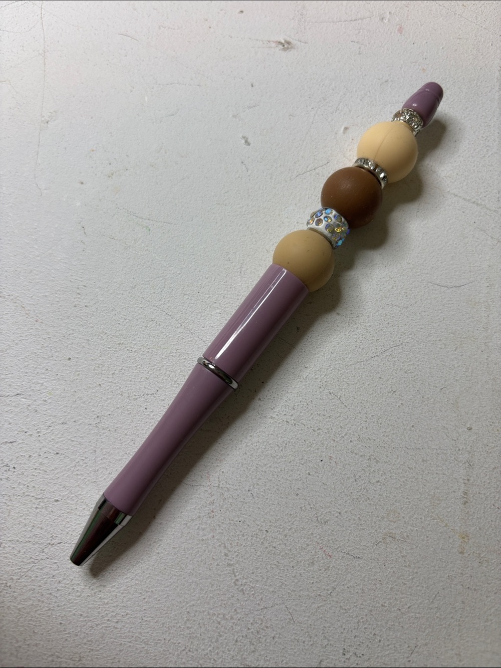 Mauve Beaded Ballpoint Pen with Beige and Brown Accents